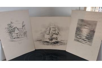 3 Signed Pencil Watercolor Paintings